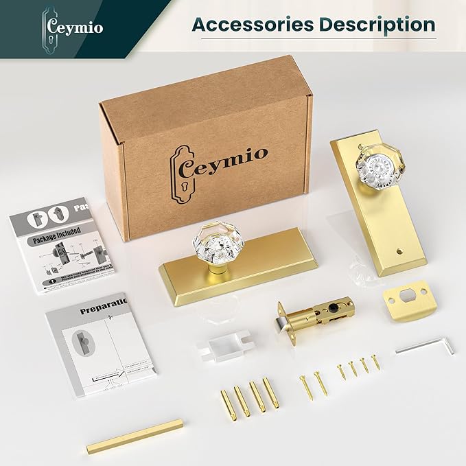 Glass Door Knobs for Interior Doors - Vintage Crystal Passage Closet & Hallway Door Knob - Diamond Cut Door Handle - Brushed Bold Finish (1 Pack)