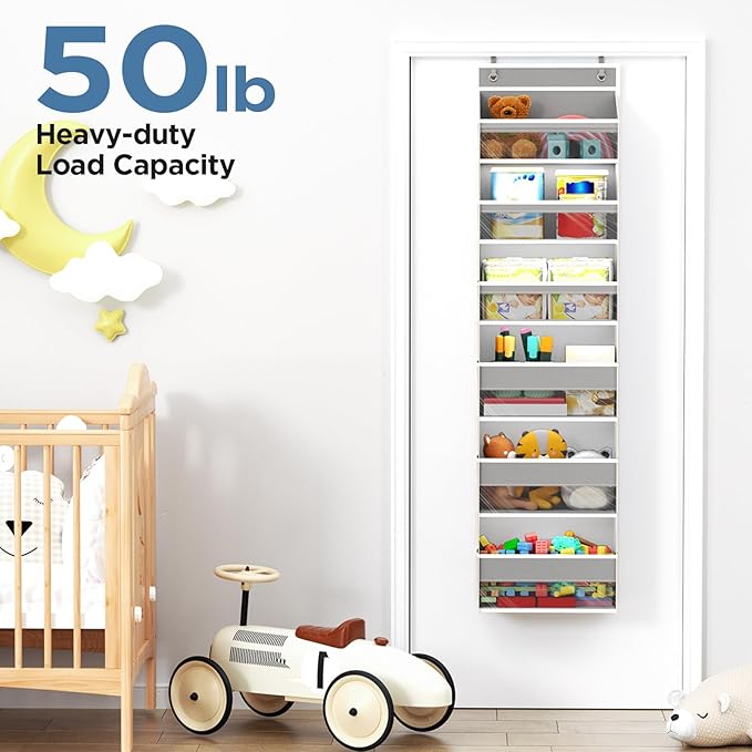 Over The Door Organizer, 6 Shelf Door Organizer Hanging with 6 Large Capacity Pockets, Over The Door Storage Hanging Shelves for Closet Wall Bathroom Closet Bedroom Nursery