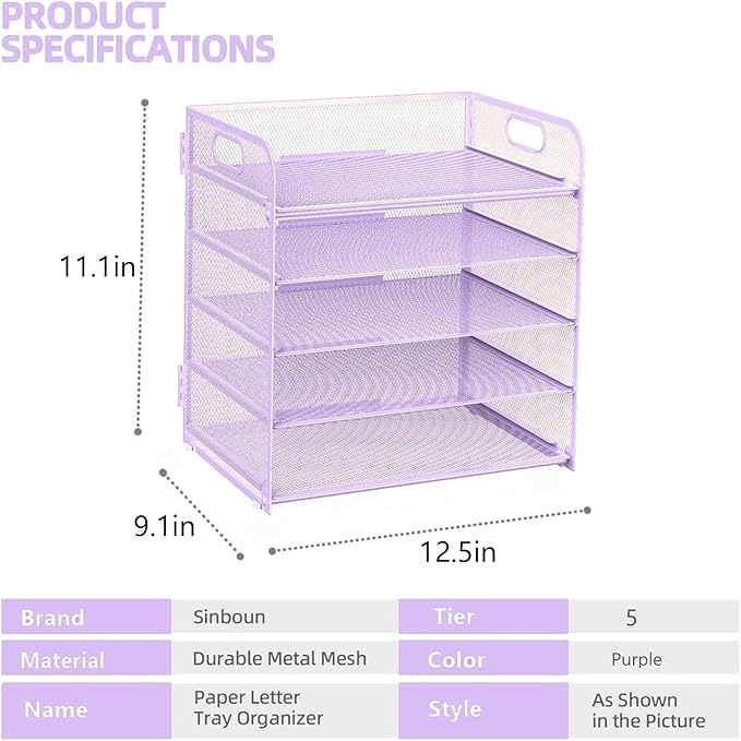 Letter Tray Paper Organizer 5-Tier Desk Organizer File Organizer Paper Holder with Handle, Metal Desktop Document Shelf Tray Office Classroom Organization - Purple