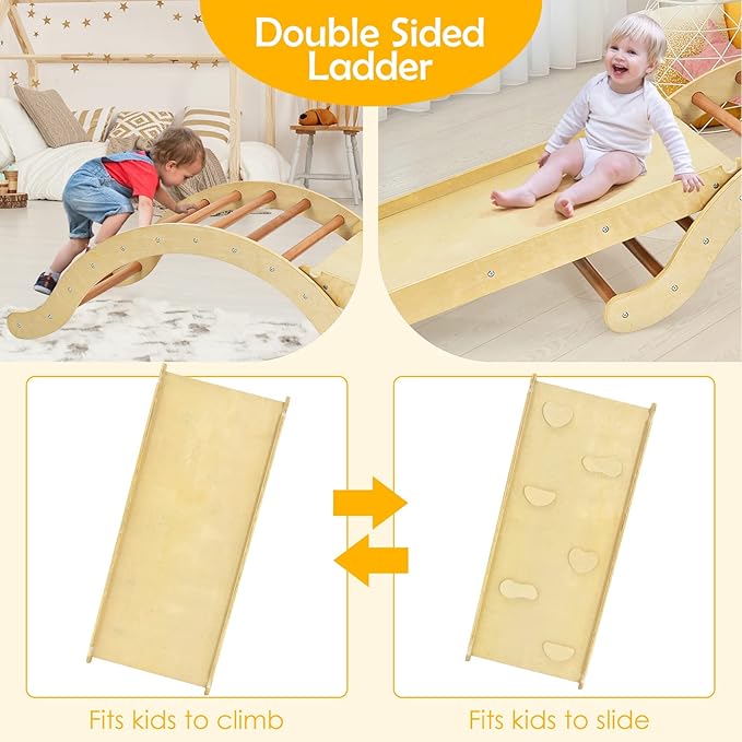Costzon Climbing Toys for Toddlers, 3-in-1 Montessori Wooden Arch Climber Ladder Structure with Rock Climbing Ramp/Padding, Indoor Gym Learning Playset, Playground for Kids Gift