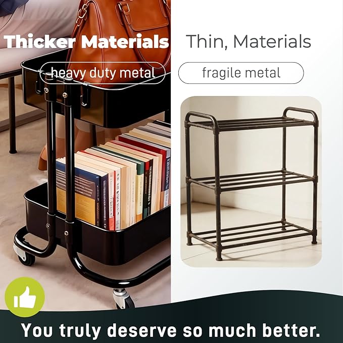 LiWNYRK 2 Tier Cart with Wheels Heavy Duty Metal Rolling Storage Cart for Under Desk Storage, Short Small Utility Shelf for Pantry Kitchen Bathroom Laundry, Home Organizer with Large Basket, Black