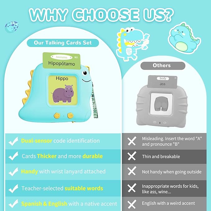 Bilingual Talking Flash Cards Spanish/English, Learning Sensory Toys for Autistic Children, 224 Sight Words Español Speech Therapy Kids Toys Beginner, Birthday Gift for Little Boys and Girls