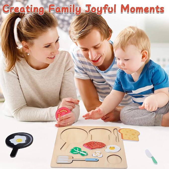 Adena Montessori Wooden Puzzles Play Fake Food for Kids Cookware Fried Egg Vegetables Set Kitchen Toys