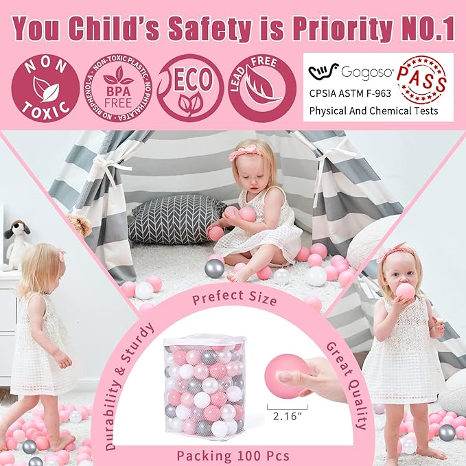 Babies Ball Pit Balls 100pcs, Ball Pool Balls for Swim Toys, Baby Ball Pit,Toddlers Girl Kids Birthday, Tent,Slides, Tunnels(2.2"),Pearl Balls +Macaron Balls Pink+White Gray
