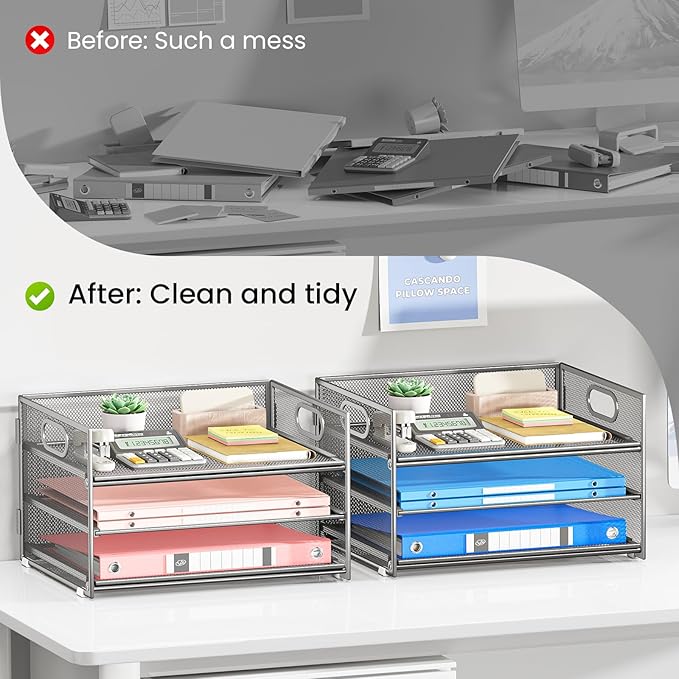 Subekyu 2-Pack 3-Tier Silver Metal Mesh Desk Paper Letter Tray & File Sorter Organizer with Handle + 1 Sliding Tray for Desk, Home, Office, School Supplies, A4 Paper and Accessories Storage
