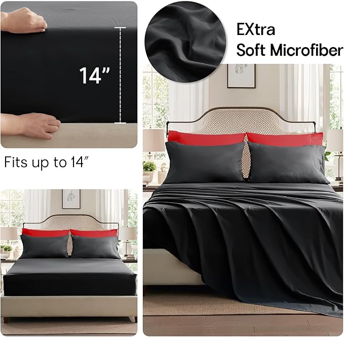 Anluoer Black and Red Full Comforter Set 7 Pieces, Bed in a Bag with Sheets, All Season Bedding Sets with 1 Comforter, 2 Pillow Shams, 2 Pillowcases, 1 Flat Sheet, 1 Fitted Sheet