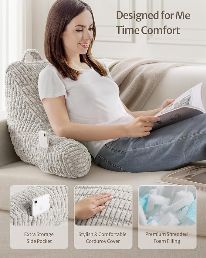 Blissful Diary Reading Pillow, Backrest Pillow with Shredded Memory Foam for Adult & Children, Designed for Bed and Couch Sitting Up, Includes Arms, Pockets and Washable Cover, Light Gray