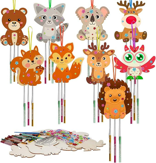 9 Pack Wind Chime Kit for Kids,Fall Craft Kits Autumn Animals Wind Chime Decorative Wooden Hanging Ornaments DIY Painting Craft for Boys Girls Thanksgiving Halloween Party Supplies