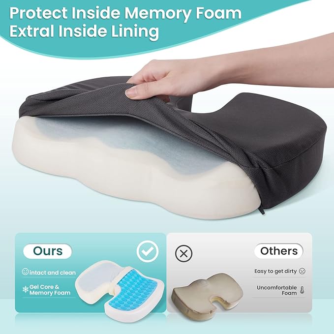 Office Chair Seat Cushion, Cooling Gel Enhanced Memory Foam Cushion for Long Sitting - Back, Sciatica, Coccyx, Tailbone Pain Relief Pillow - for Office, Gaming, Car, Wheelchair - Grey, Large