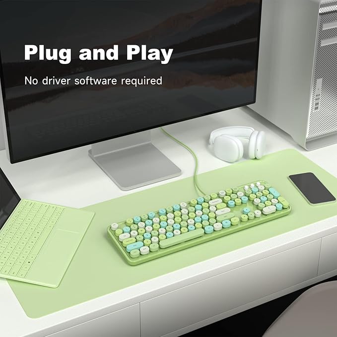 Computer Keyboard Wired, Plug Play USB Retro Round Typewriter Keyboard, Full Size Wired Keyboard with Foldable Stands for Laptop and Office PC - Green Colorful