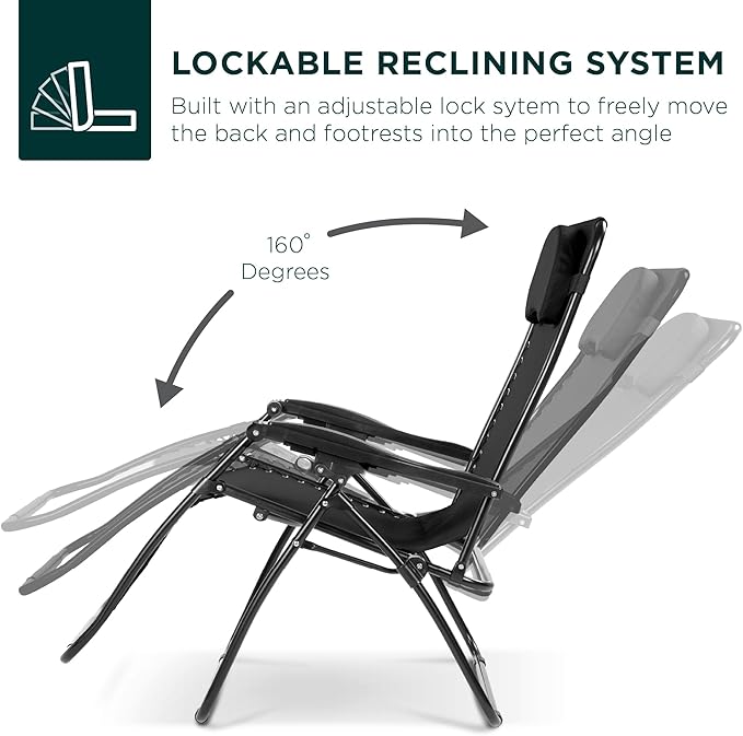 Best Choice Products Oversized Zero Gravity Chair, Folding Outdoor Patio Lounge Recliner w/Cup Holder Accessory Tray, Pillow - Black