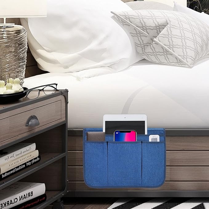 Bedside Caddy Bedside Storage Organizer Magazine Phone Tablet iPad Remote Holder, Organizer Caddy for Home College Dorm Bed, Sofa, Bunk Bed (Classic Blue)