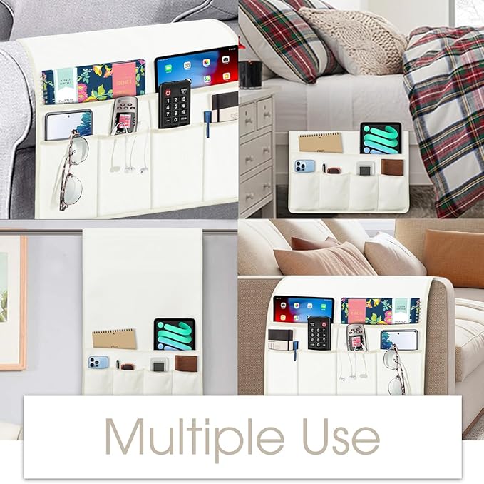 Joywell Remote Control Holder for Recliner Armchair Couch Caddy Sofa Armrest Organizer Non Slip Sofa Arm Chair Caddie with 6 Pocket Storage for Magazine, Tablet, Phone, iPad, White