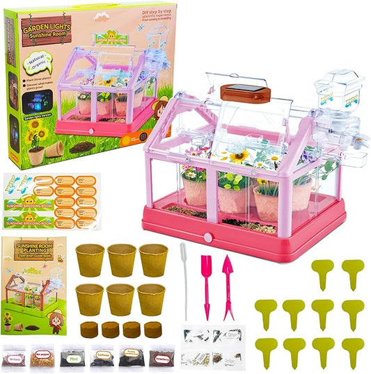 Kids Plant Growing Kit Greenhouse Growing Set Terrarium Kit Kids Science Educational DIY Plant Gardening Toy, Living Greenhouse with Solar Panel, Indoor Gardening Kit