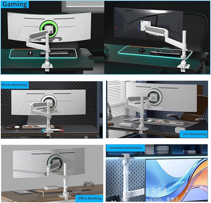 GUZHIKU Monitor Arm for 17 to 60 inch, Hold 44 lbs, Fully Adjustable Heavy Duty Desk Mount, Monitor Stand Fit 57 55 49", Ultrawide Monitors Bracket Clamp/Grommet Base VESA 75x75/100x100 (White)