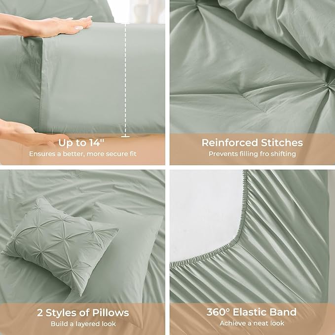 Sasttie California King Comforter Set, 7-Piece Bed in a Bag Cal King, Pintuck Bedding Set for All Season, Includes Comforter, Flat Sheet, Fitted Sheet, Pillowcases and Pillowshams, Sage Grey