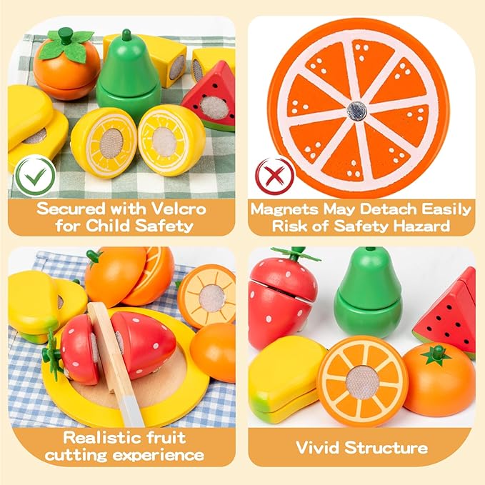 JOCY Wooden Play Food Set for Kids Kitchen – 24 Pcs Montessori Cutting & Sorting Fruits with 4 Boxes, Pretend Play Toys for Toddlers 3+, Educational Gift for Kids
