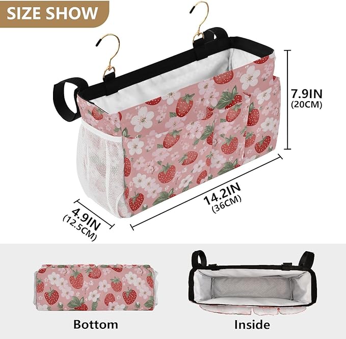 Pink Blossoms and Strawberries Bedside Caddy for Dorm Bed Bedside Hanging Caddy Bag Iron Frame Storage Organizer Pocket for Bunk Home College Hospital Beds 2 Hooks