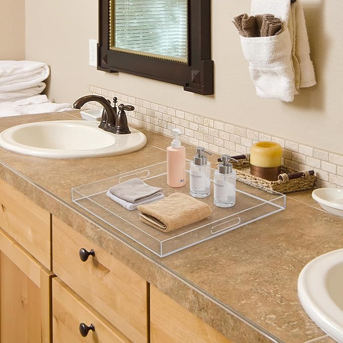 18×18 inches Oversized Clear Acrylic Ottoman Tray Extra Large Decorative Tray Spill-Proof Serving Trays with Handles King-Size Safe Edge Organizer for Coffee Table Countertop Breakfast