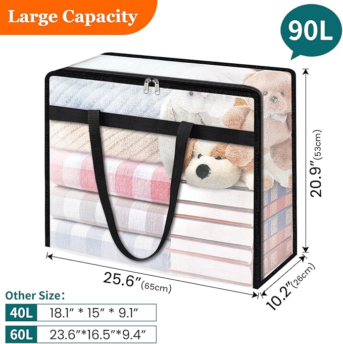 6 Pack Clear Storage Bags for Comforter, Clothes & Bedding, Plastic Blanket Storage with Zipper and Handle, Moving Bags, Closet Organizer and Under-Bed Storage (90L)