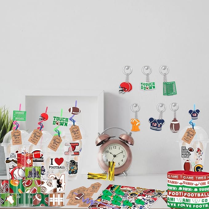 Football Party Favors 184 Pcs Football Birthday Party Decoration With Cups Straws Slap Bracelets Whistles Wristbands Keychains Stickers Thank you Tags for Sports Party Supplies (Football)