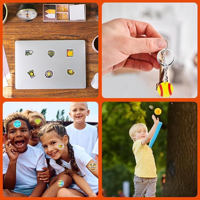 122Pcs Softball Party Favors Softball Goodie Bags Stuffers with Stress Ball Keychain Sticker Badges Silicone Bracelet for Softball Birthday Party Decorations