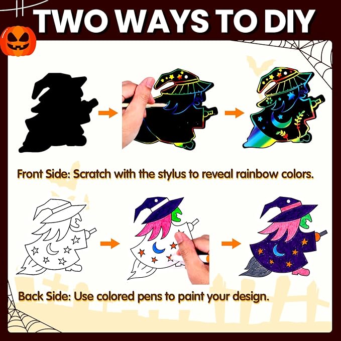 Garma Scratch Paper Art for Kids - 72 Pcs Halloween Magic Rainbow Scratch Paper Off Cards Set for Kids Crafts Arts Supplies Halloween Ornaments Party Games Classroom Activities Birthday Gift
