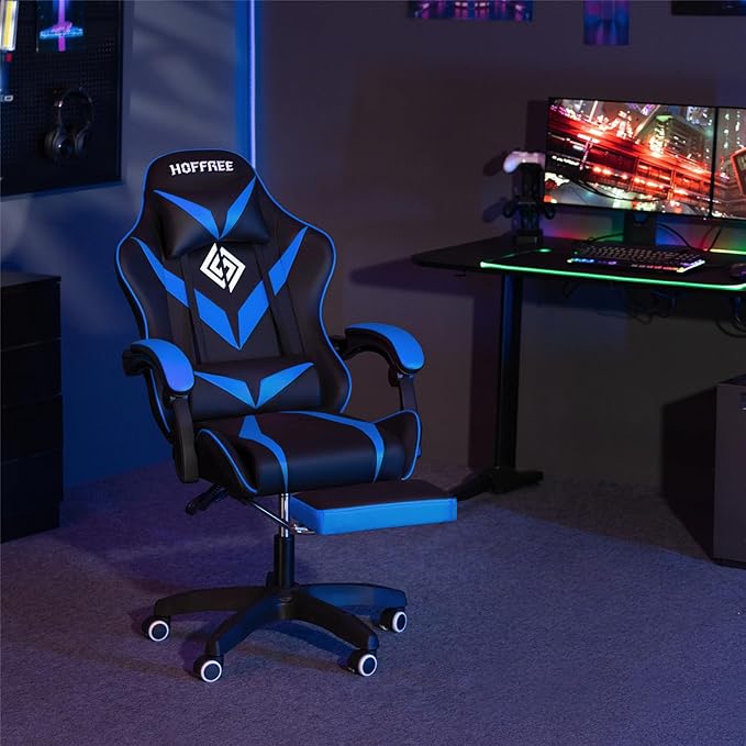 HOFFREE Massage Gaming Chair for Kids Computer Gamer Chair with Footrest and Lumbar Support Reclining PC Game Chair with Headrest for Gaming Room Blue and Black