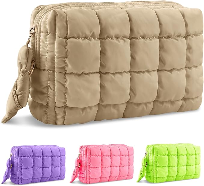 Puffer Quilted Makeup Bag Cosmetic Bags,Puffy Travel Toiletry Pouch for Women,Cute Checkered Zipper Bag Travel Essential,Portable Aesthetic Make up Organizer Bag for Gifts Work Daily(Khaki,M)