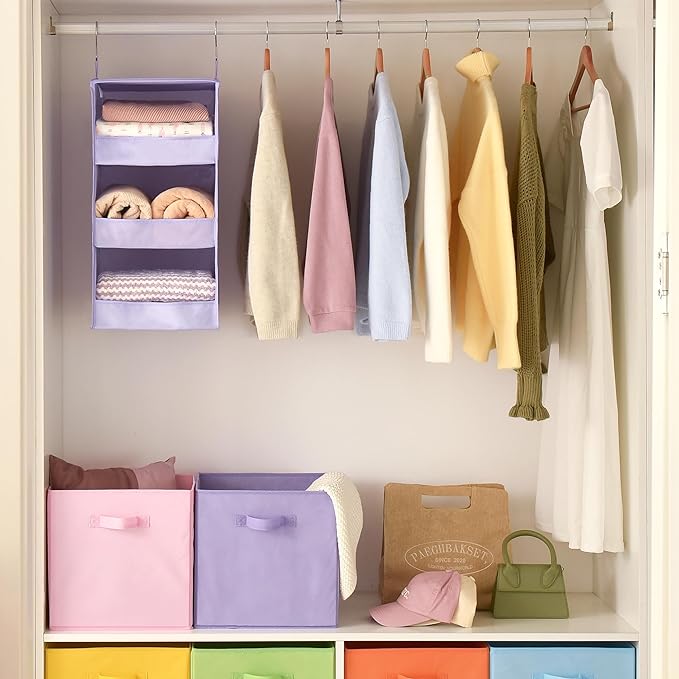 GRANNY SAYS 3 Shelf Hanging Closet Organizers and Storage, Collapsible Closet Storage Organizer with 2 Metal Hooks, Leak-Proof Hanging Shelves for Nursery, Kids Room, Bedroom, 1 Pack, Purple
