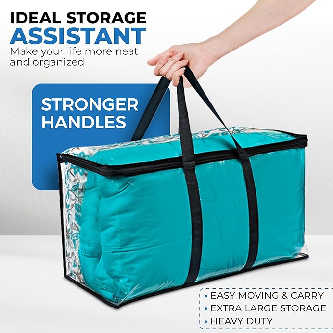2 Pack Clear Large Moving Bags, Heavy Duty Storage Bags, College Totes, Storage Bins, for Organizing Blankets, Clothing for College, Dorm, Packing, Durable with Zipper and Handle 25x14x12