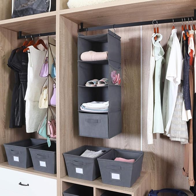 MAX Houser 4-Shelf Hanging Closet Organizer, Space Saver, Cloth Hanging Shelves with 2 Side Pockets, Foldable (Grey)