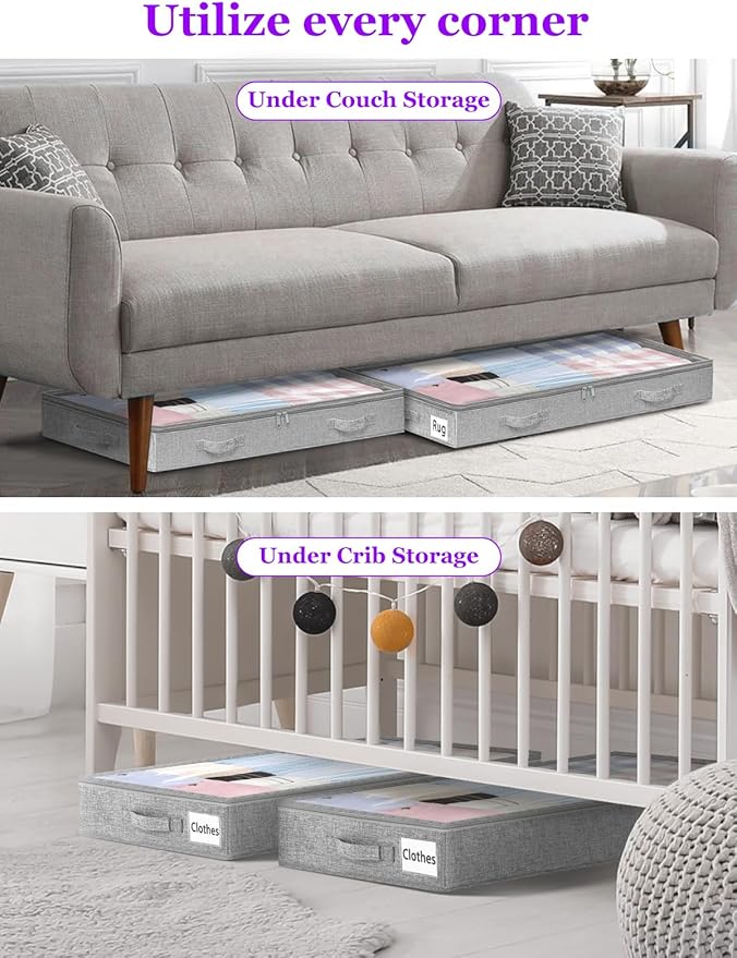 Under Bed Storage, Below 4 Inches High Underbed Storage Containers Low Profile, NO STRUCTURE, Foldable Shallow Storage Bags Bins Organizer Clothes with Clear Lid & Zipper, 2-Pack, 20x40x3.7in