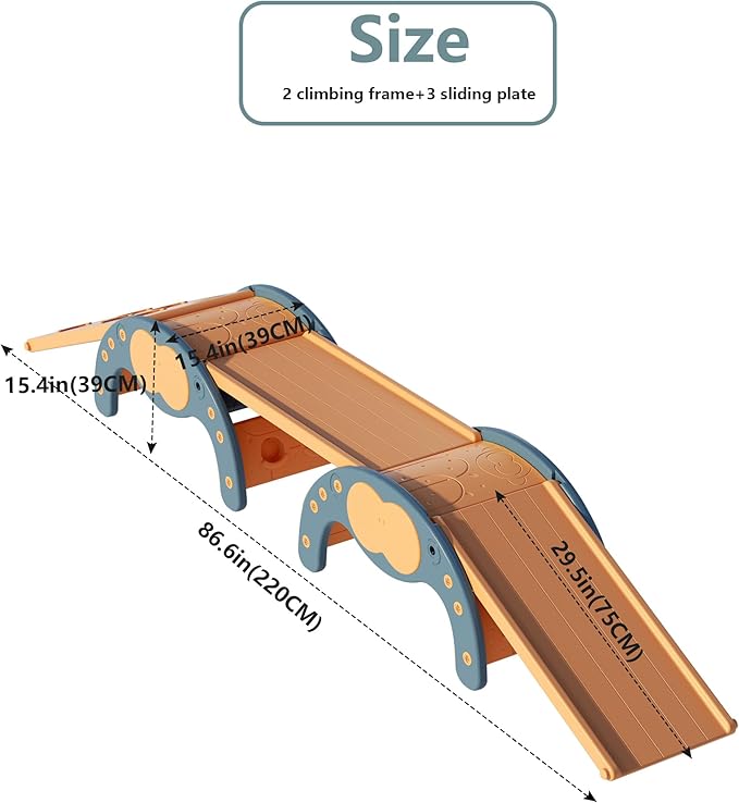 Children's Indoor Climbing Slideway Swing Playground 4-in-1 Function: Slide, Rock Climbing, Balance Board and Cradle Safe and Solid Montessori Toys Blue（2 Climbing Frame+3 Sliding Plate）