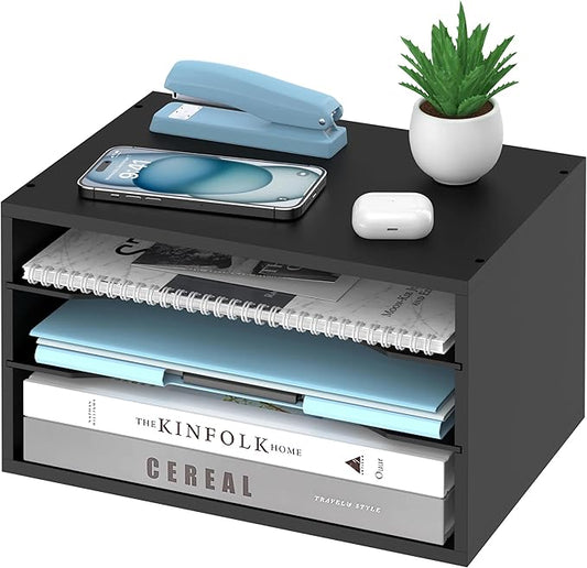 Wood Desk Organizer, 3 Tier Paper Tray Organizer for Desk with Adjustable Storage Shelves, Printer Stand Desktop File Organization Paper Sorter Mail Holder for Office Home Classroom, Black