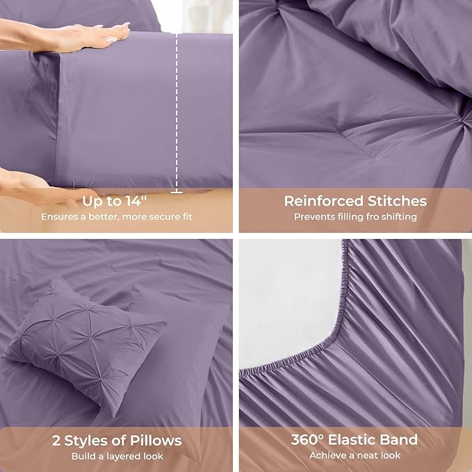 Sasttie King Size Comforter Set, 7-Piece Bed in a Bag, Pintuck Bedding Set for All Season, Includes Comforter, Flat Sheet, Fitted Sheet, Pillowcases and Pillowshams, New Purple