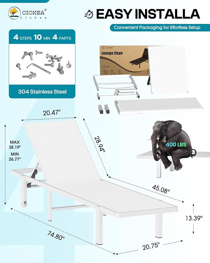 Aluminum Chaise Lounge Chair Outdoor with Wheels, Patio Lounge Chair with Adjustable 5-Position Recliner and Full Flat Tanning Chair for Patio, Beach, Pool, White