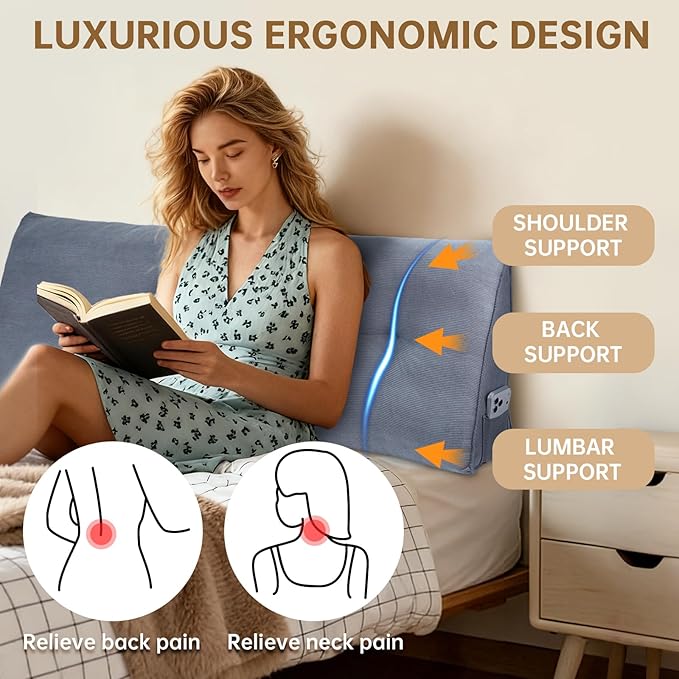 Headboard Pillow Queen Bed Wedge Pillow for Dorm, Daybed, Back Support, Sitting Up, Reading, Relaxing, Navy Blue