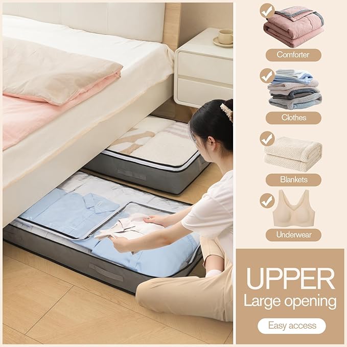 90L Under Bed Storage Containers, Closet Organizers and Storage Bins, Foldable Underbed Storage Bags for Blanket, Clothing, Comforter, Sweaters, Pillows, Linen Sheets, Wrapping Paper, black