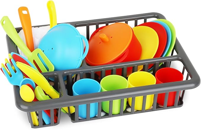 Kids Play Dishes with Drainer - 27PC Tableware & Pretend Kitchen Accessories, Plastic Play Set - Durable and Colourful for Children Ages 3+