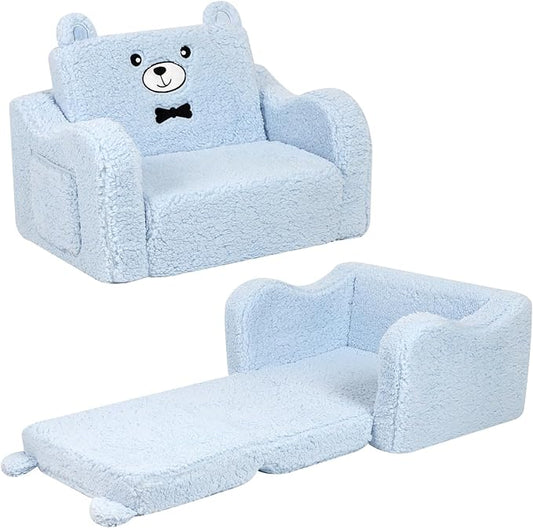 Kids Chairs for Toddler, 2-in-1 Toddler Soft Sherpa Couch Fold Out, Convertible Sofa to Lounger for Girls and Boys, Teddy Bear, Blue