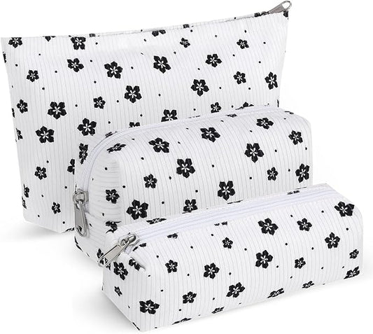 Huhumy 3 Pcs Makeup Bag Set for Women Corduroy Cosmetic Pouch Aesthetic Smile Travel Toiletry Bag Cute Purse Pouch Pencil Case Makeup Brushes Storage Organizer for Valentine(White,Floret)