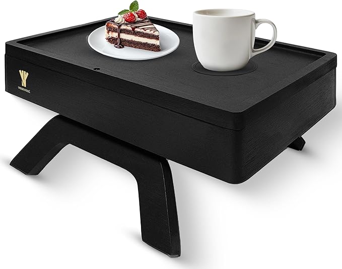 Bamboo Couch Arm Table, Sofa Arm Tray, 360 Rotating Table, Clip On Side Table for Couch, Perfect Size for Remotes, Storage and Includes 4 Bonus Coasters, 13x9.25x2.5in, Black