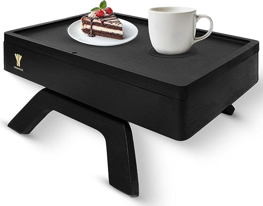 Bamboo Couch Arm Table, Sofa Arm Tray, 360 Rotating Table, Clip On Side Table for Couch, Perfect Size for Remotes, Storage and Includes 4 Bonus Coasters, 13x9.25x2.5in, Black