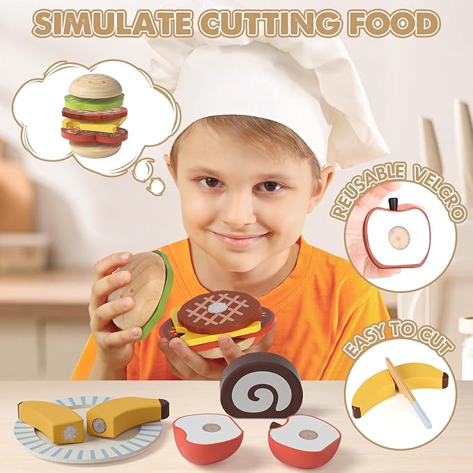 Lehoo Castle Play Food Sets for Kids Kitchen, Wooden Toys Food for Toddlers 1-3, Pretend Picnic Play Set, Cutting Food Toys, Gift for Girls Boys 3 4 5 6