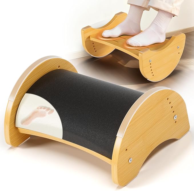 Bamboo Ergonomic Footrest Under Desk, Adjustable Rocking Foot Rest with Cushion, 6 Height Levels, Non-Slip Wooden Foot Rest for Office & Home Work