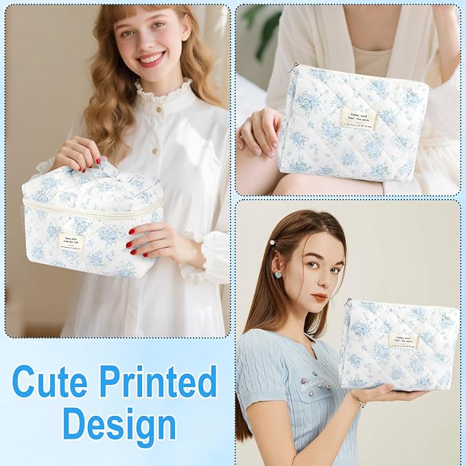 URSKYTOUS 2Pcs Cotton Quilted Makeup Bag for Women Girls Large Small Travel Floral Cosmetic Bags Set Cute Coquette Zipper Makeup Pouch for Purse Aesthetic Cloth Flower Storage Toiletry Bag Organizer