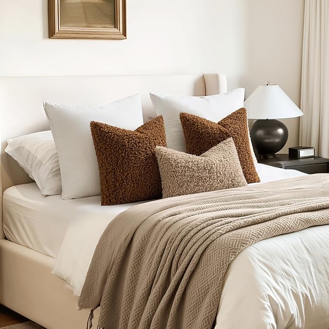 Woaboy Faux Fur Throw Pillow Covers 18x18 Inch Set of 2 Boucle Neutral Decorative Sherpa Fuzzy Accent Soft Sheepskin Fleece Cushions Modern Home Fall Decor for Couch Sofa Bedroom Living Room,Brown