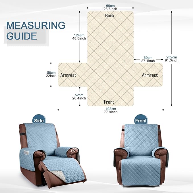 KinCam 100% Waterproof Recliner Chair Cover, Reclining Couch Covers for Pets, Dogs, Recliner Couch Slipcover Furniture Protector with Elastic Straps for Kids(23.6", Light Blue)