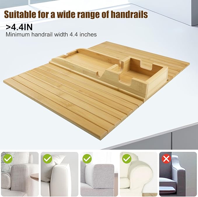 CNQLIS Bamboo Couch Cup Holder - Detachable Sofa Armrest Tray, Anti-Slip Foldable Sofa Table Tray for Drinks, Cellphone, Remote, Snacks, Versatile 2-in-1 Couch Arm Tray Set (Bamboo Colour)